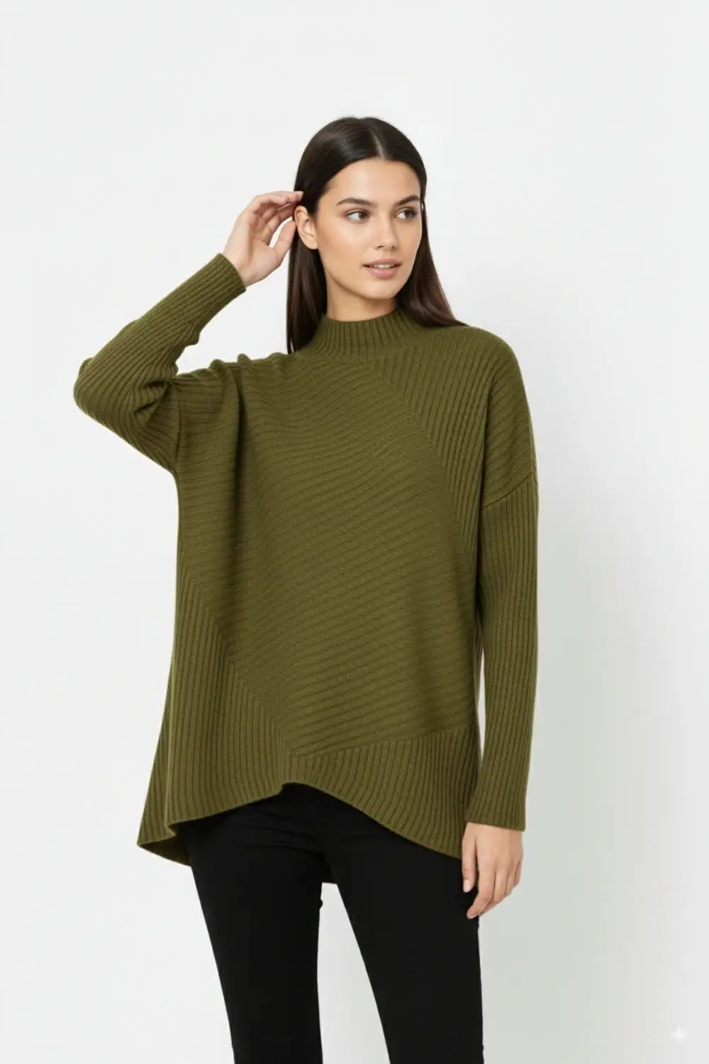 Khaki Asymmetric Ribbed Knit Sweater Tunic - KHAKI / ONE - Sweaters