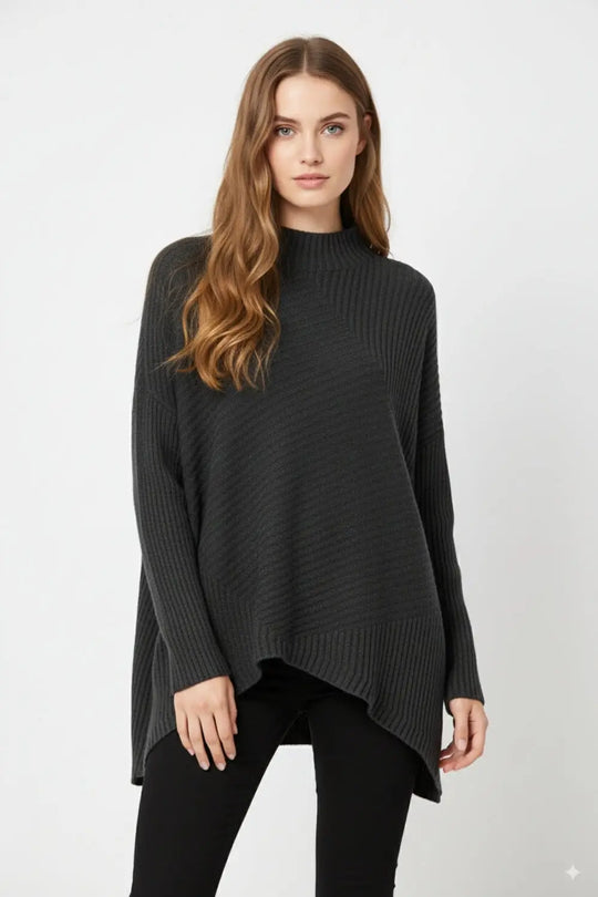 Black Asymmetric Ribbed Knit Sweater Tunic - BLACK / ONE - Sweaters