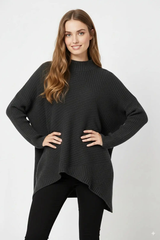 Black Asymmetric Ribbed Knit Sweater Tunic - BLACK / ONE - Sweaters