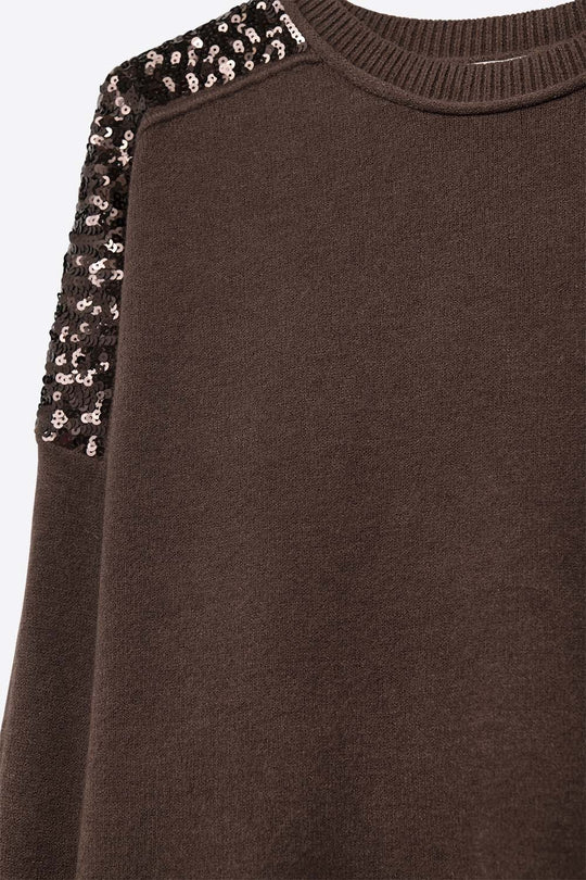 Brown Long Sleeves Sweater With Sequins on The Shoulders