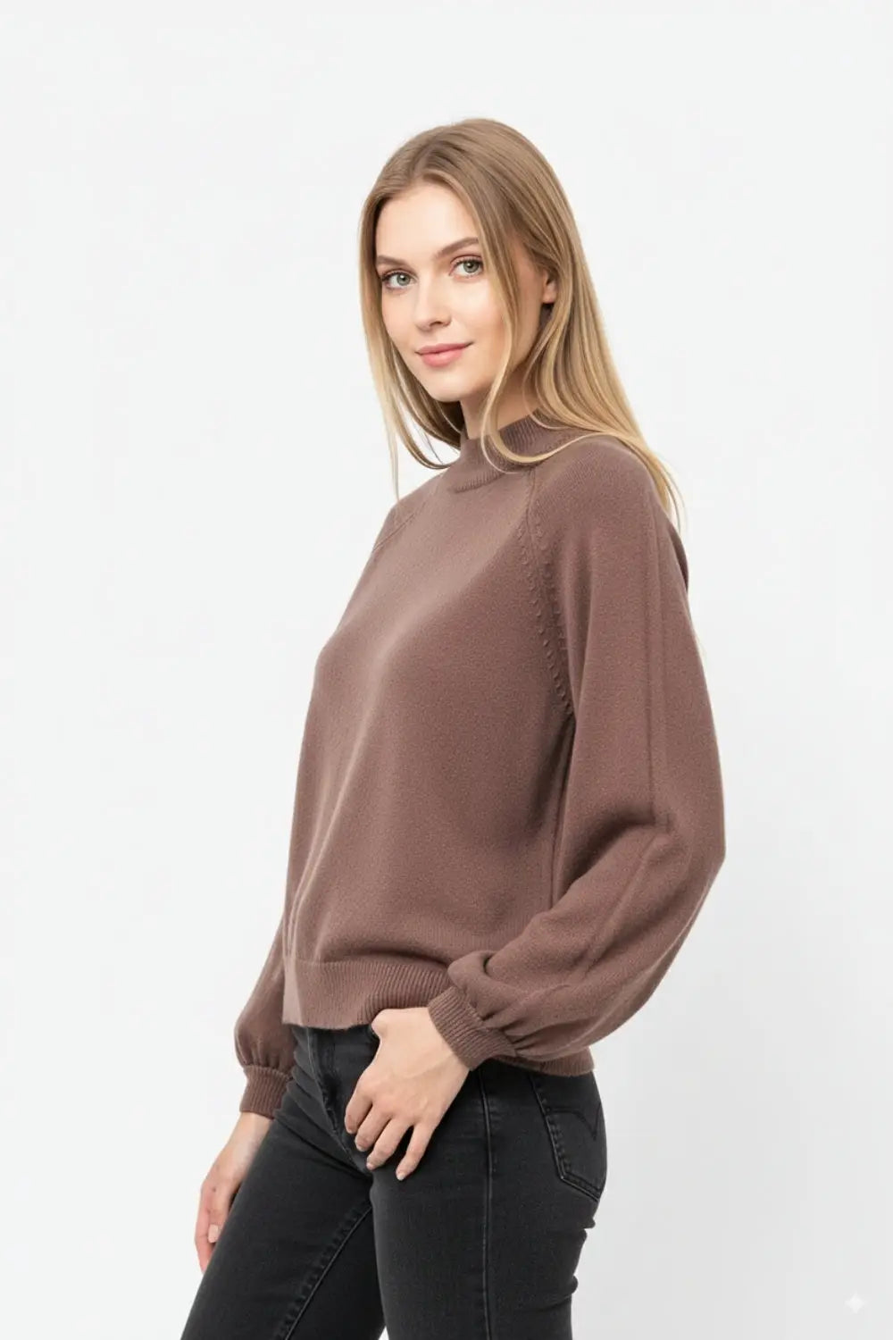 relaxed style brown jumper with balloon sleeves - BROWN / ONE - Sweaters