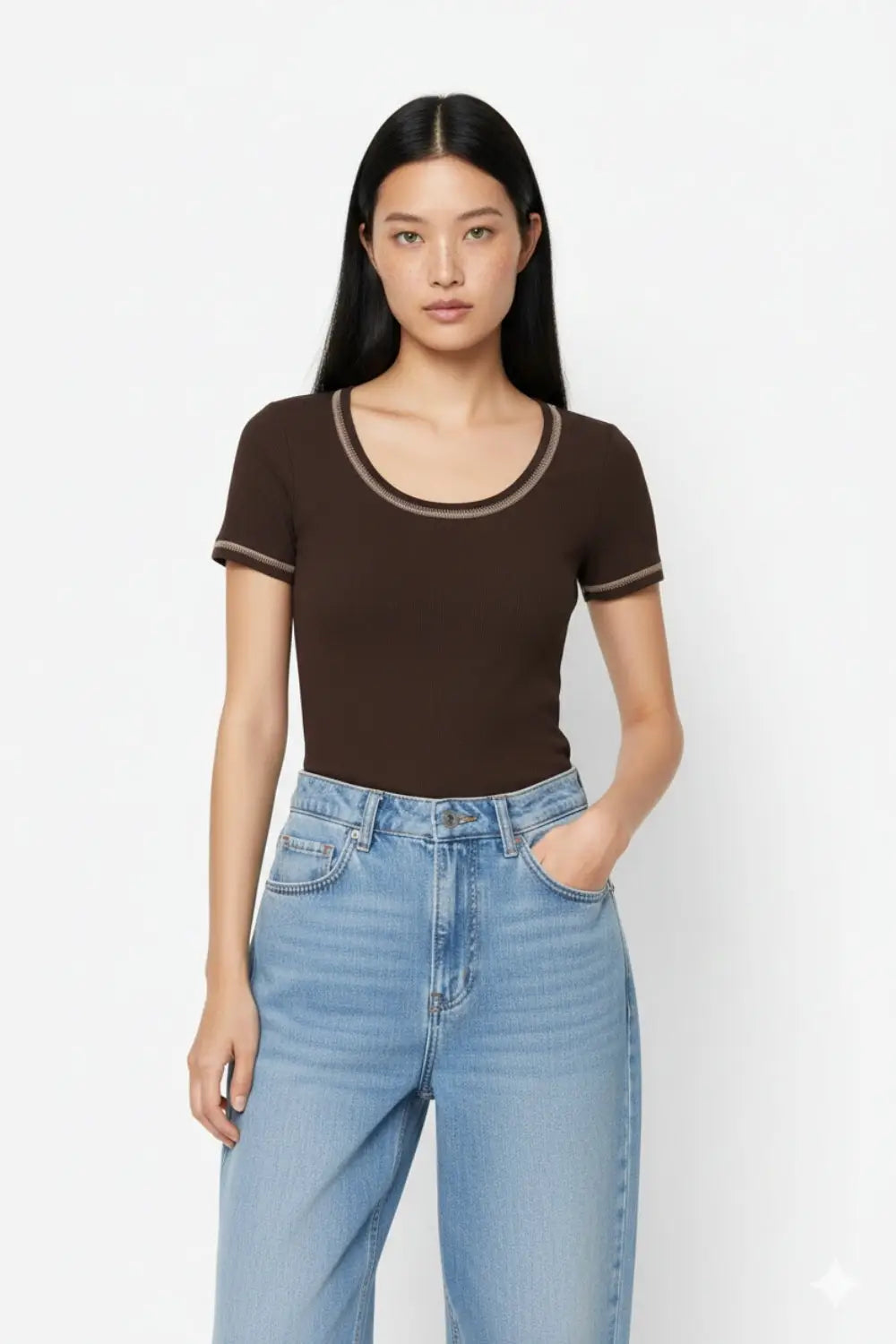 thin knitted sweater In brown With Silver Seam at Round Neck - BROWN / ONE - Sweaters