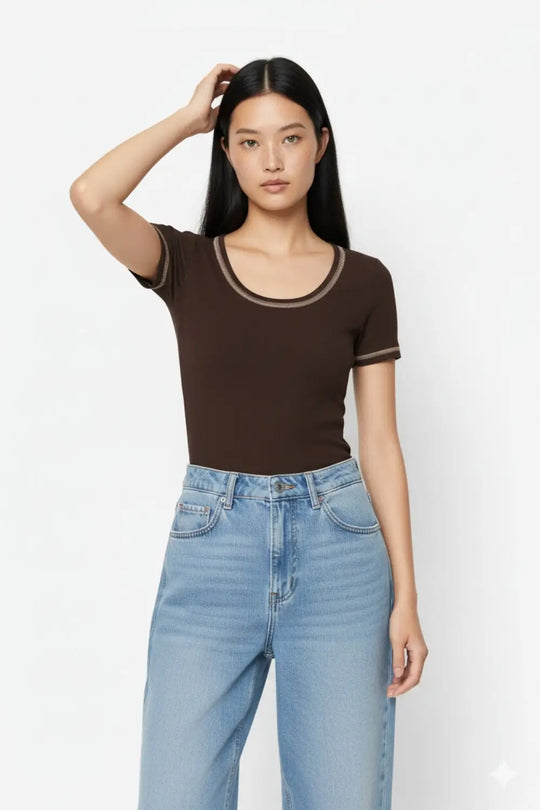 thin knitted sweater In brown With Silver Seam at Round Neck - BROWN / ONE - Sweaters