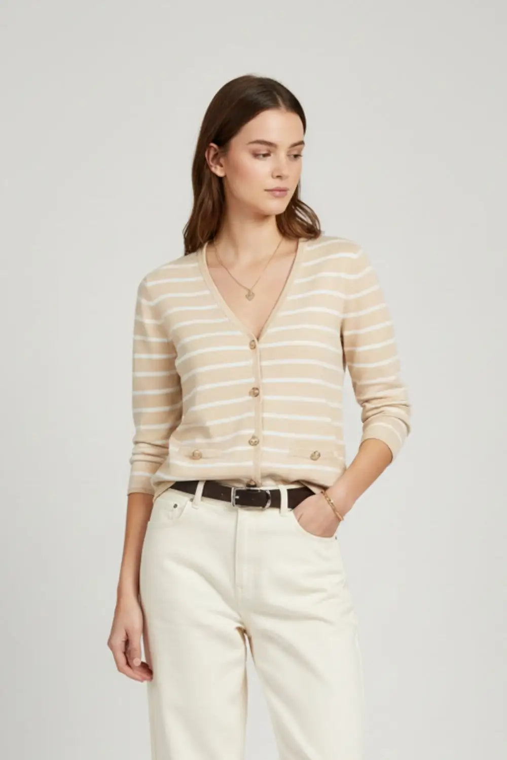 Beige Cardigan with White Stripes and Gold Buttons - BEIGE / ONE - Cardigans