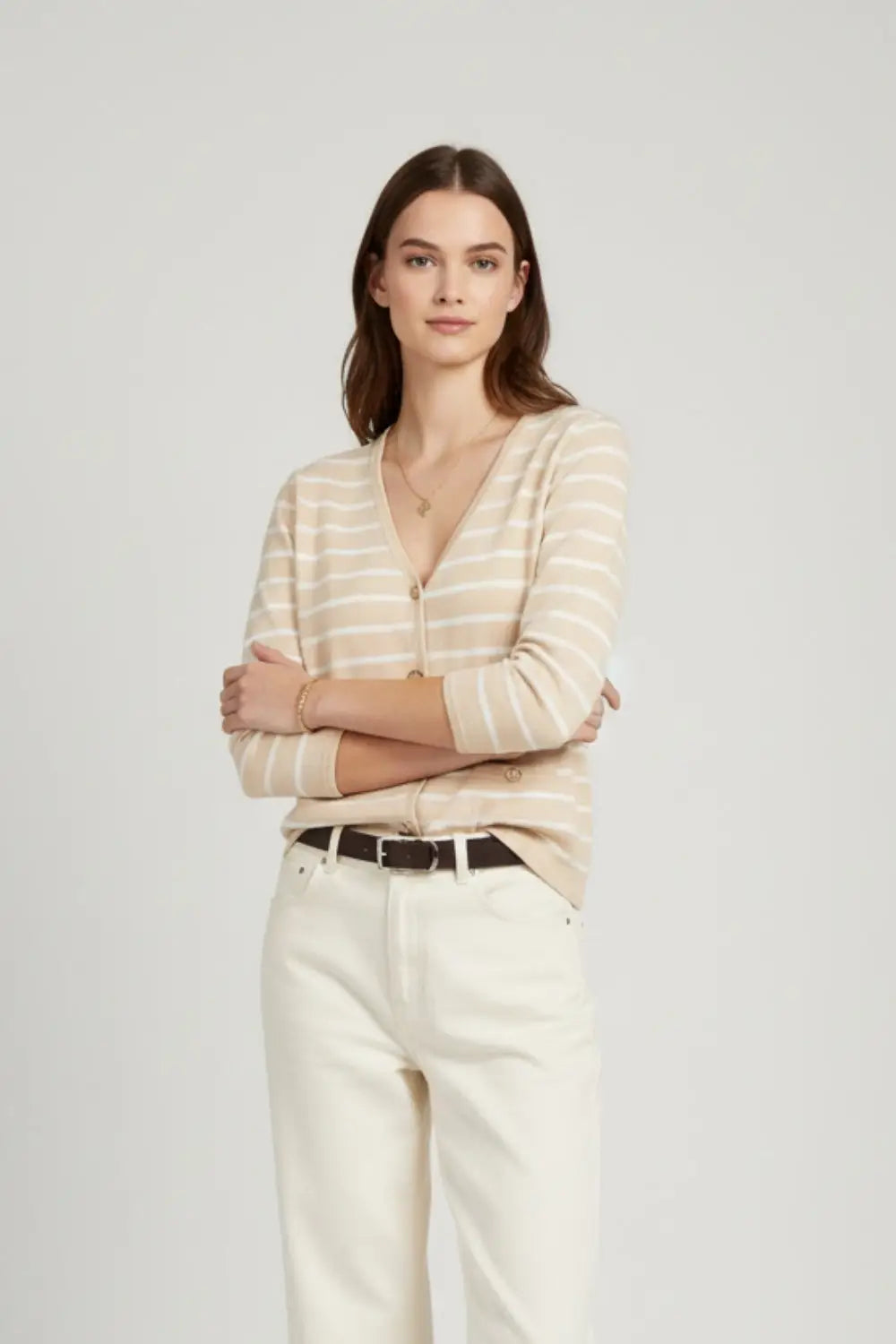 Beige Cardigan with White Stripes and Gold Buttons - BEIGE / ONE - Cardigans
