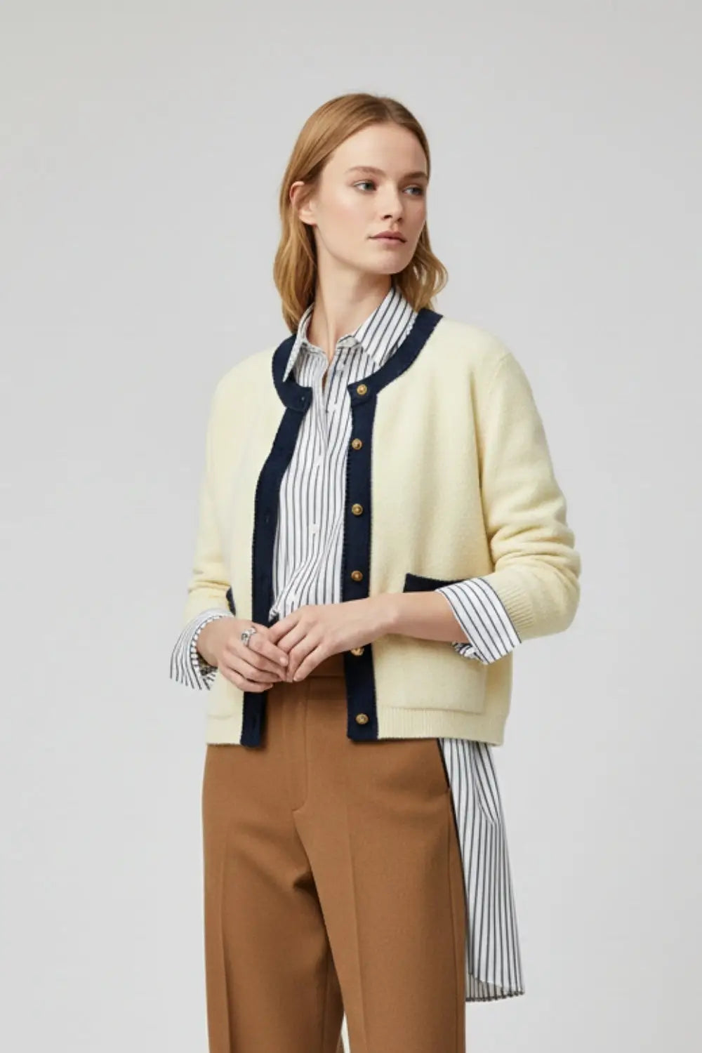 Chic Cream Cardigan with Navy denim Detailing - CREAM / ONE - Cardigans