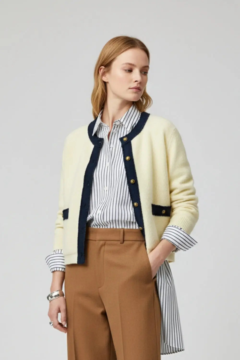 Chic Cream Cardigan with Navy denim Detailing - CREAM / ONE - Cardigans
