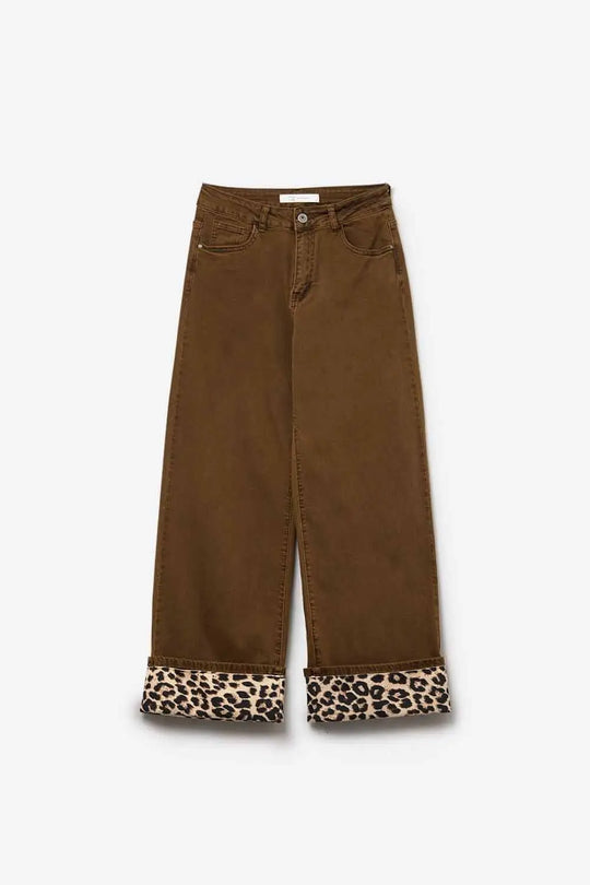 Wide leg camel pants with leopard print at the bottom - Colored Jeans