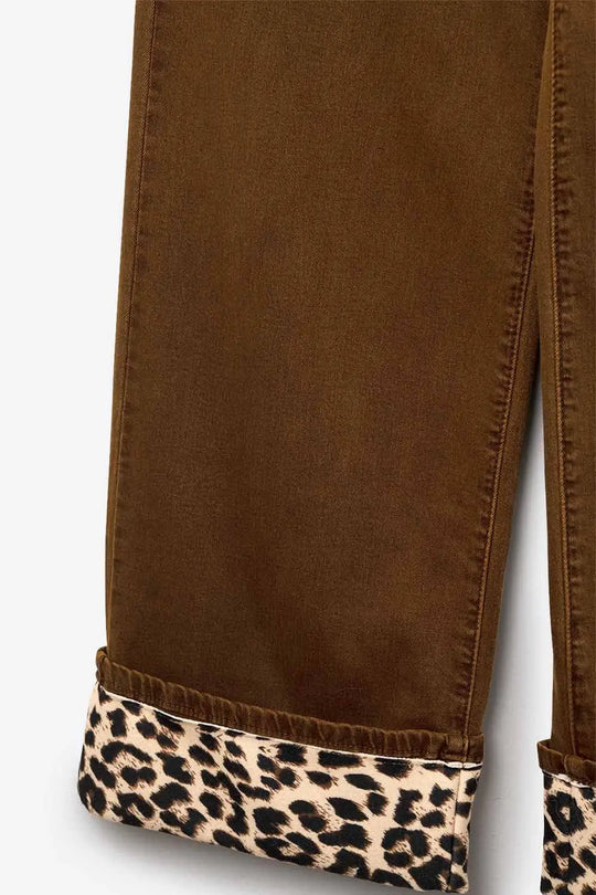 Wide leg camel pants with leopard print at the bottom - Colored Jeans