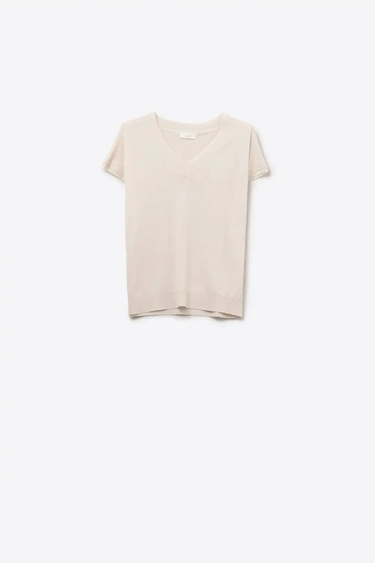 Beige lightweight knit V-neck sweater with short sleeves - BEIGE / ONE - Sweaters