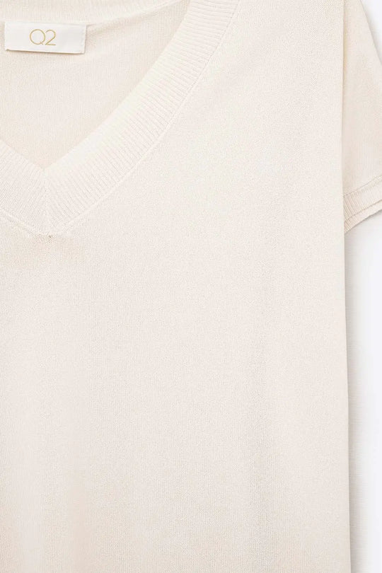 Beige lightweight knit V-neck sweater with short sleeves - BEIGE / ONE - Sweaters