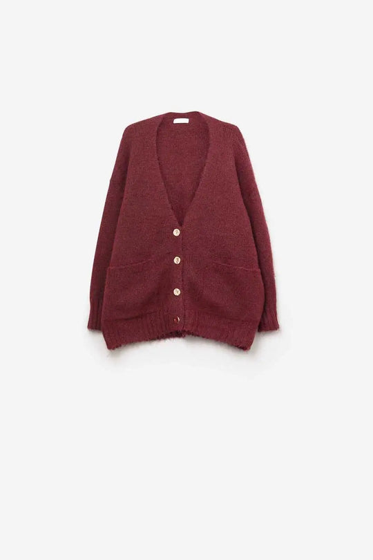 Oversized Cardigan in burgundy with gold buttons and pockets - MAROON / ONE - Cardigans
