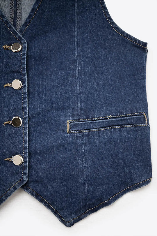 dark wash denim Vest with Silver Buttons - Tops