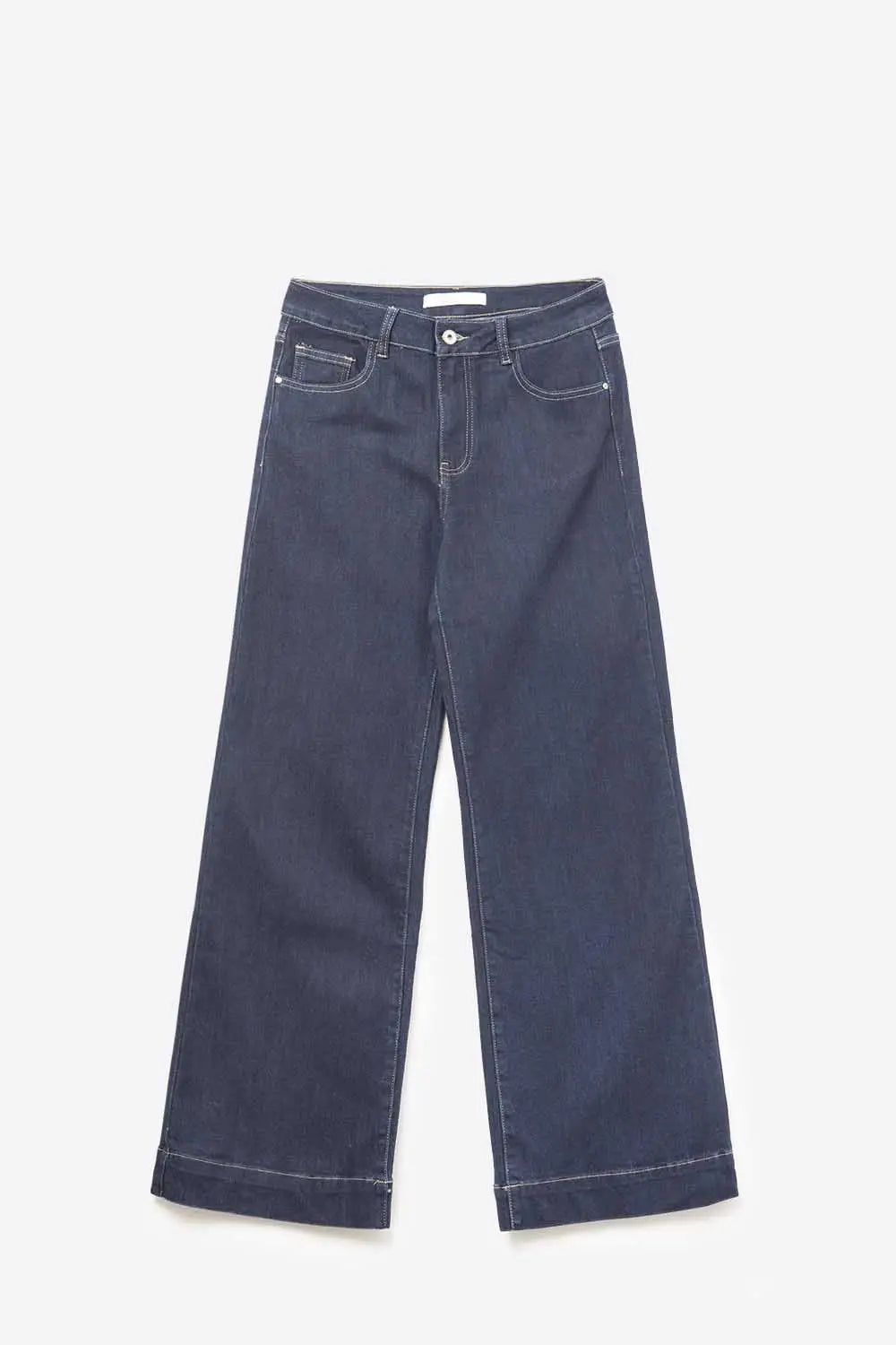 Wide-leg high-waisted jeans in dark denim with contrast stitching