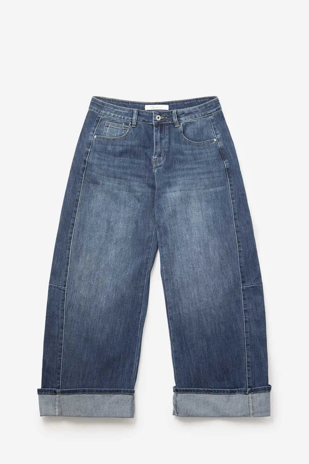 Barrel Style Denim Jeans in Medium Wash with Cuffed Hem