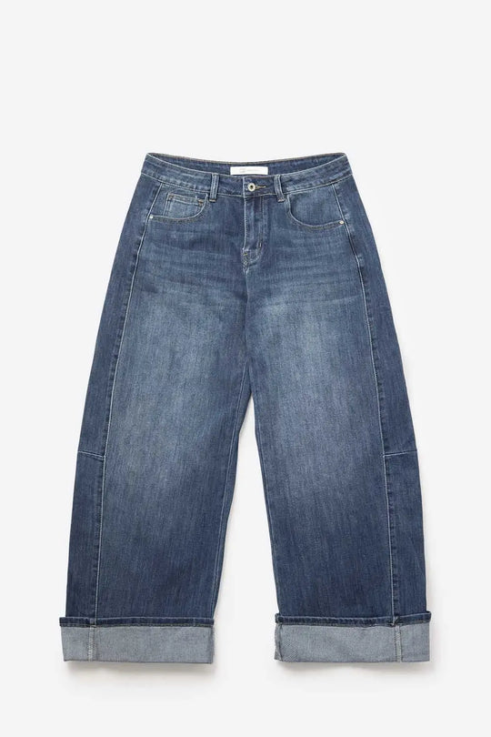 Barrel Style Denim Jeans in Medium Wash with Cuffed Hem