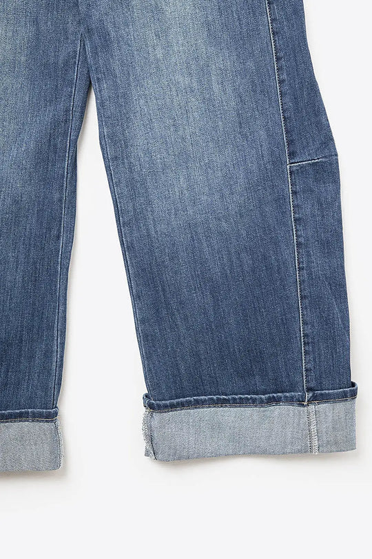 Barrel Style Denim Jeans in Medium Wash with Cuffed Hem