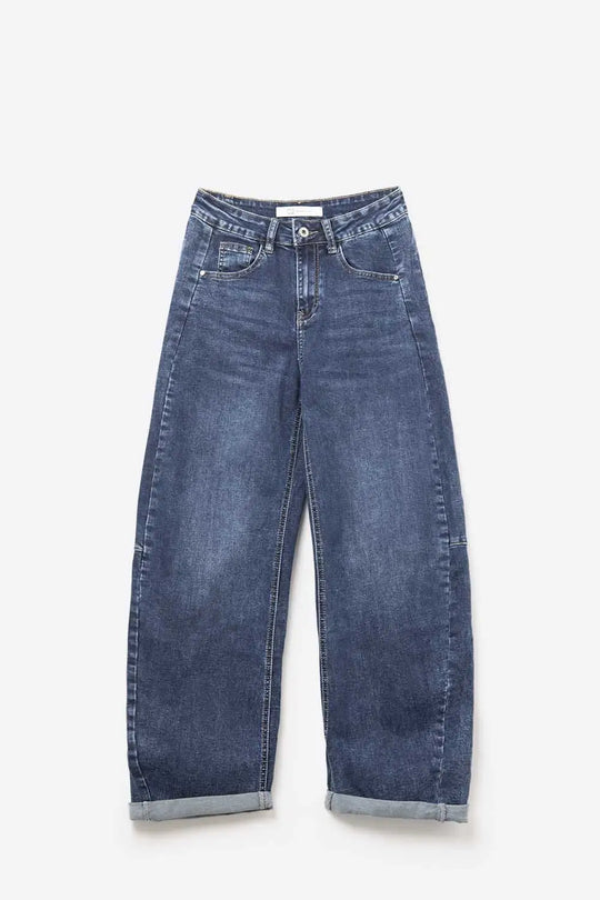 Dark Blue Wide-Leg Denim Jeans with Cuffed Hem and side seams