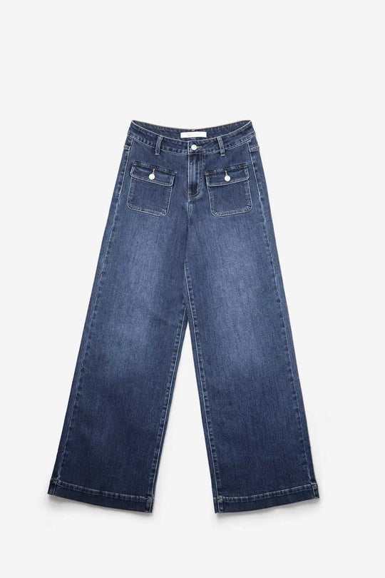 dark wash Blue Wide-Leg Denim Jeans with Button Detail