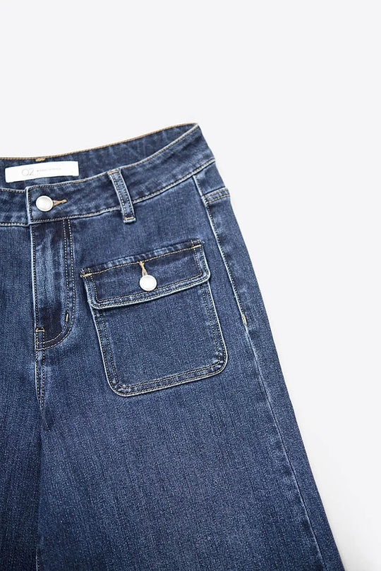 dark wash Blue Wide-Leg Denim Jeans with Button Detail