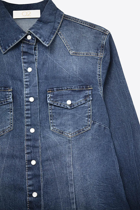 Dark wash Denim Button-Up Shirt with Chest Pockets
