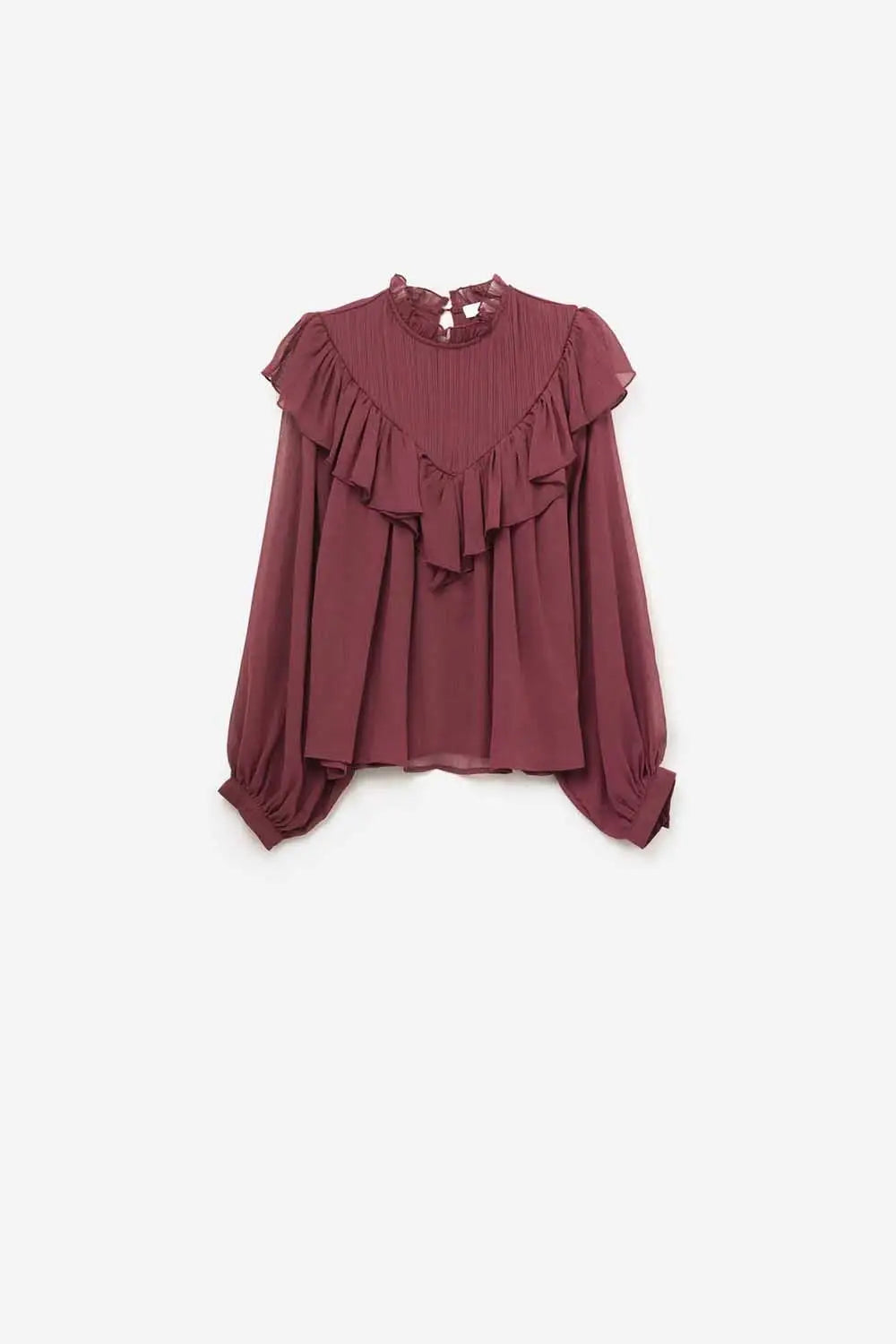Romantic Burgundy Ruffled Long-Sleeve Blouse - Shirts