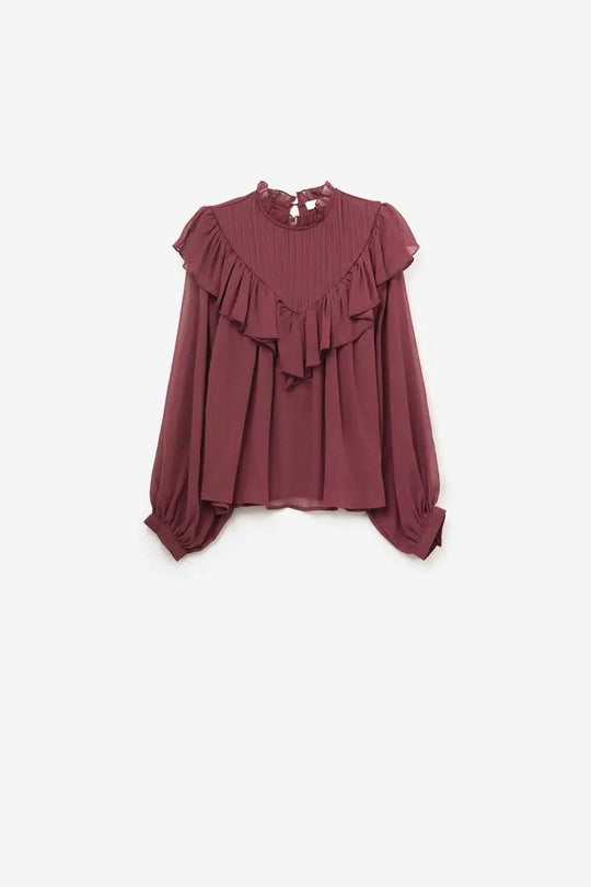 Romantic Burgundy Ruffled Long-Sleeve Blouse - Shirts