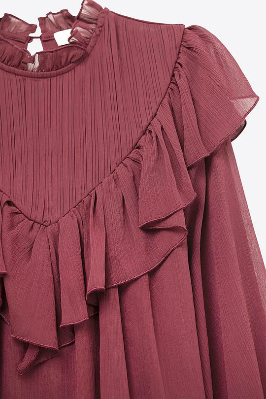 Romantic Burgundy Ruffled Long-Sleeve Blouse - Shirts