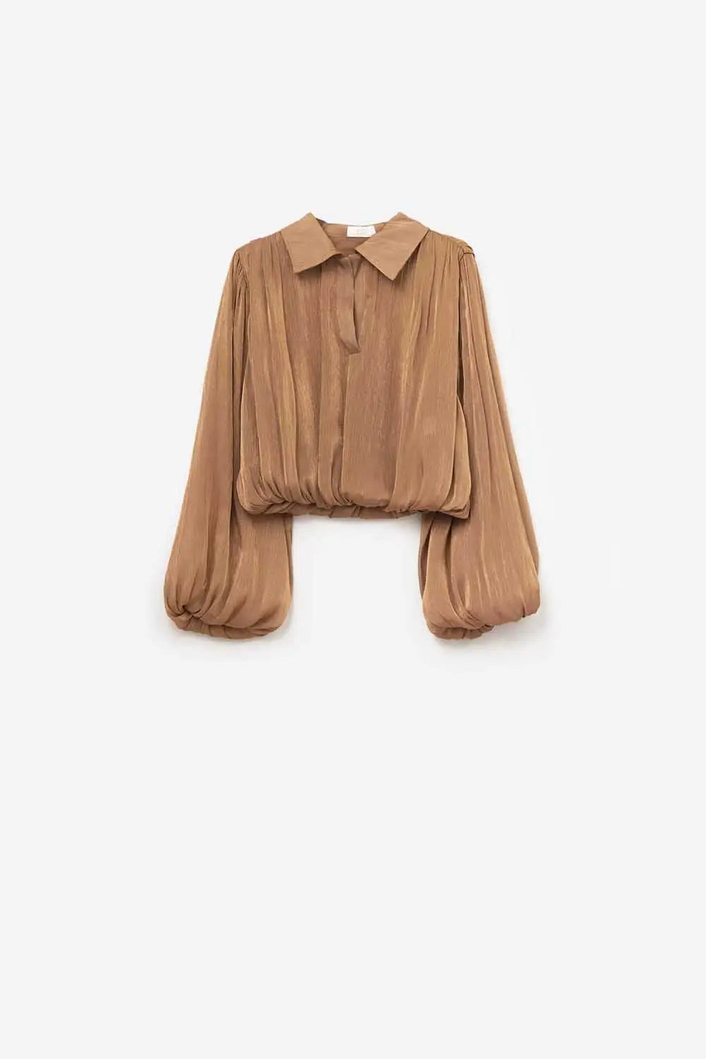 Elegant shiny Satin Cropped top in camel - Tops
