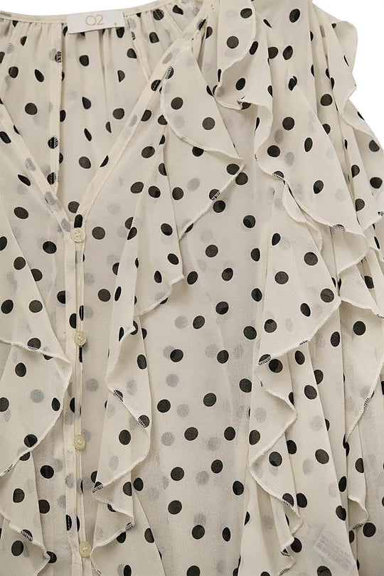 Polka Dot Button-Up chiffon Shirt with Ruffles - Shirts
