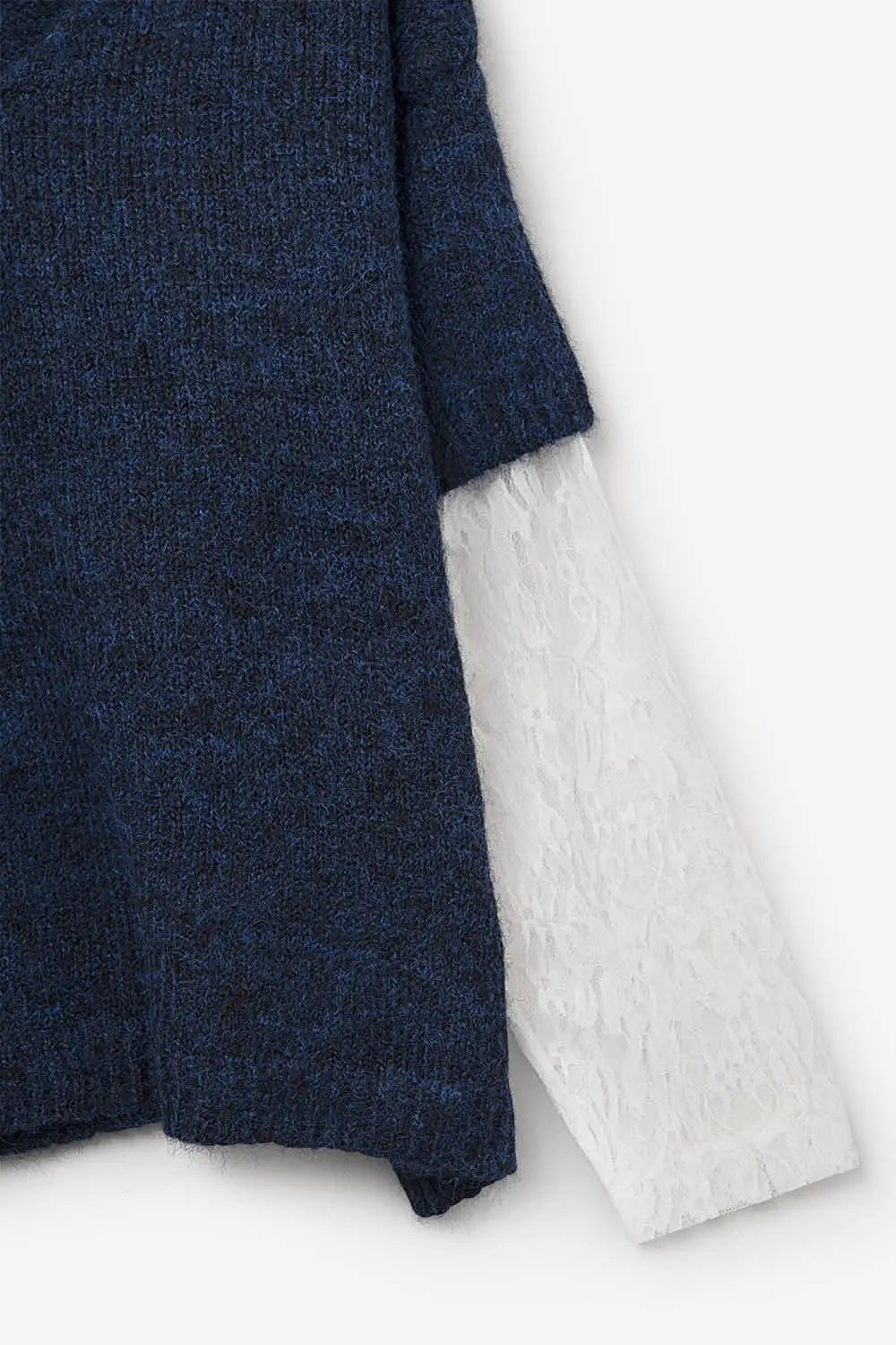 Navy Contrast V-Neck Sweater with Contrasting White lace Sleeves - BLUE / ONE - Sweaters