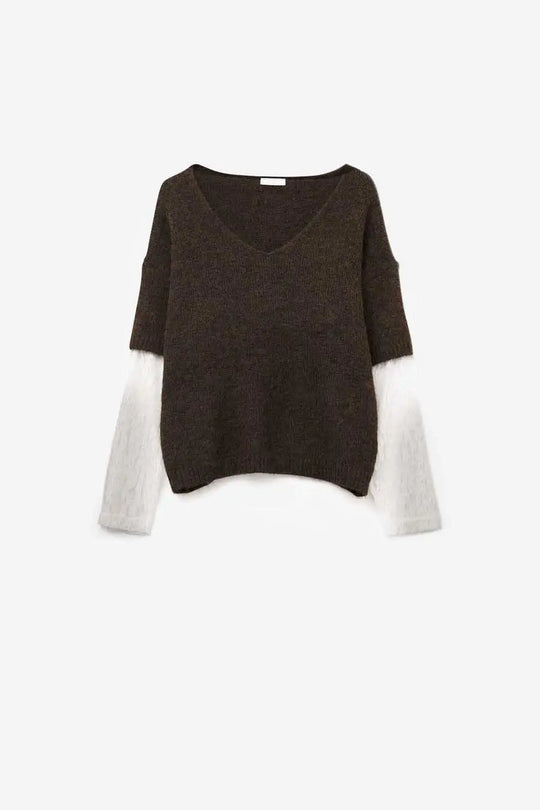 Brown Contrast V-Neck Sweater with Contrasting White lace Sleeves - BROWN / ONE - Sweaters