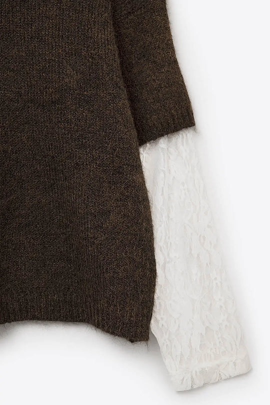 Brown Contrast V-Neck Sweater with Contrasting White lace Sleeves - BROWN / ONE - Sweaters