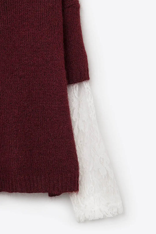 burgundy Contrast V-Neck Sweater with Contrasting White lace Sleeves - MAROON / ONE - Sweaters