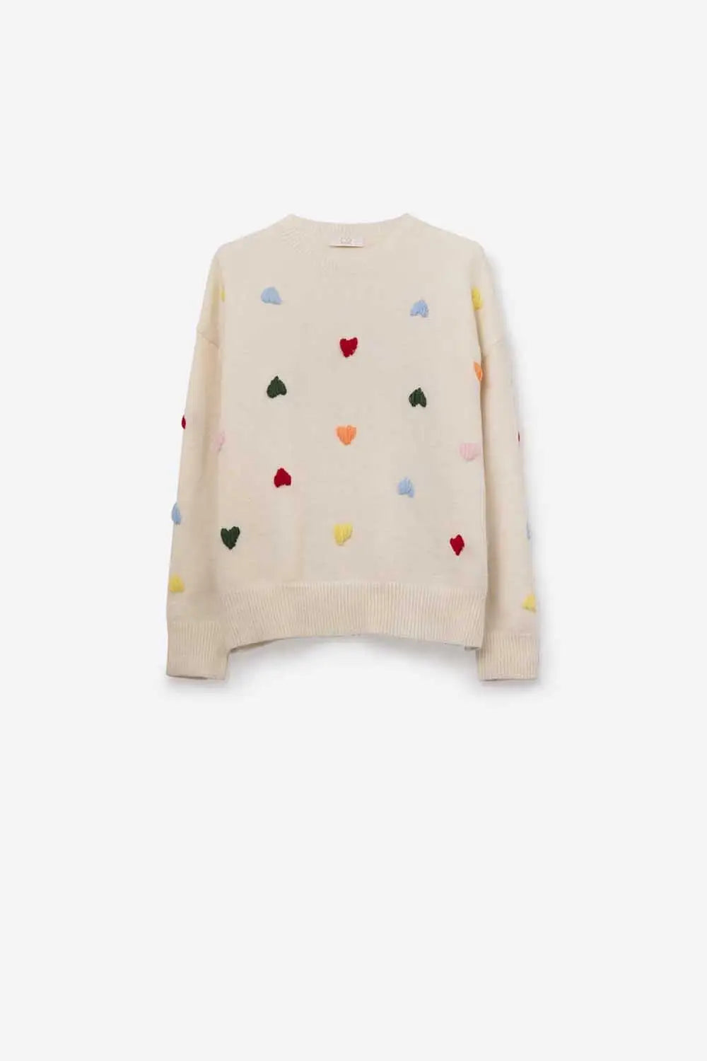 Cream Sweater With Multicolor Embroidered Hearts - CREAM / ONE - Sweaters