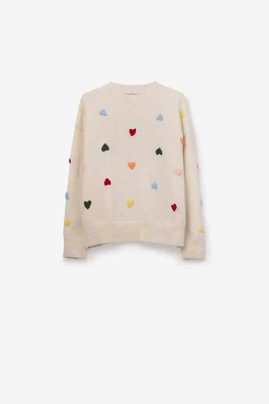 Cream Sweater With Multicolor Embroidered Hearts - CREAM / ONE - Sweaters