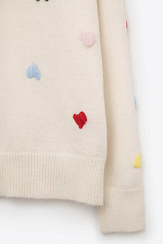 Cream Sweater With Multicolor Embroidered Hearts - CREAM / ONE - Sweaters