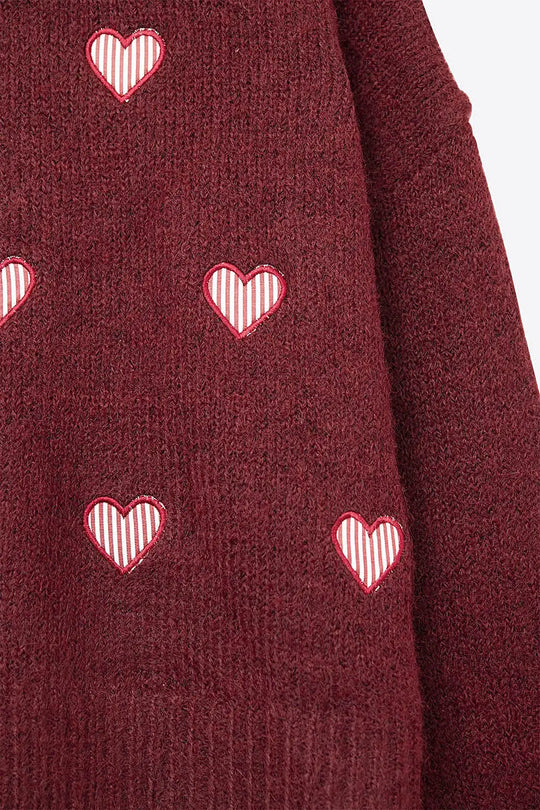 Burgundy Crew Neck Sweater With Striped Hearts - MAROON / ONE - Sweaters