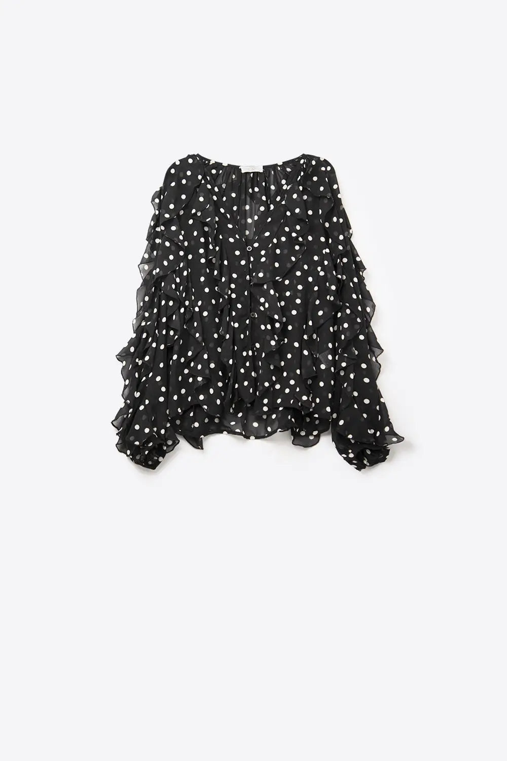 Ruffled Black Polka-Dot V-Neck Top in chiffon fabric - Tops