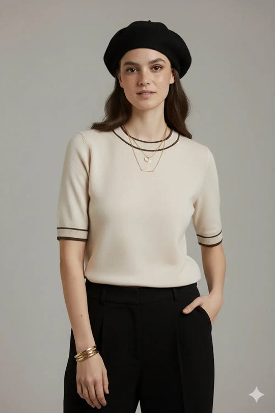 White short sleeve sweater with black line detail - WHITE / ONE - Sweaters