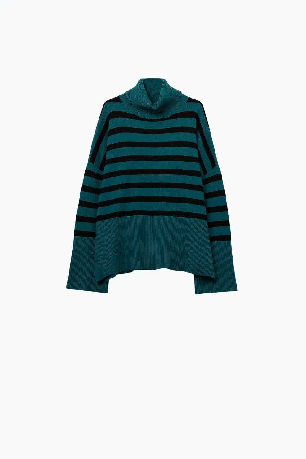 oversized turtleneck sweater with black stripes and splits on the side - GREEN / ONE - Sweaters