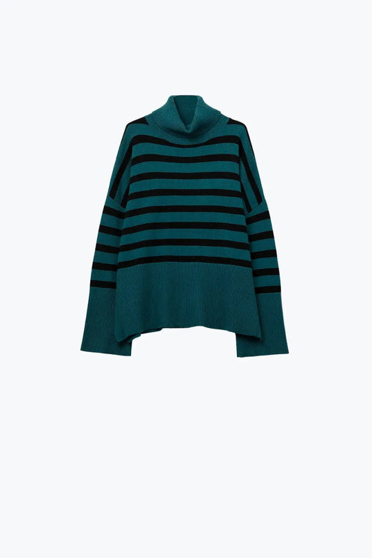 oversized turtleneck sweater with black stripes and splits on the side - GREEN / ONE - Sweaters