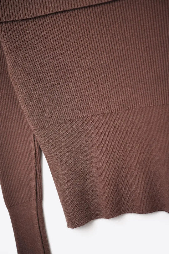 brown fine ribbed knit sweater with wide boat neck - BROWN / ONE - Sweaters