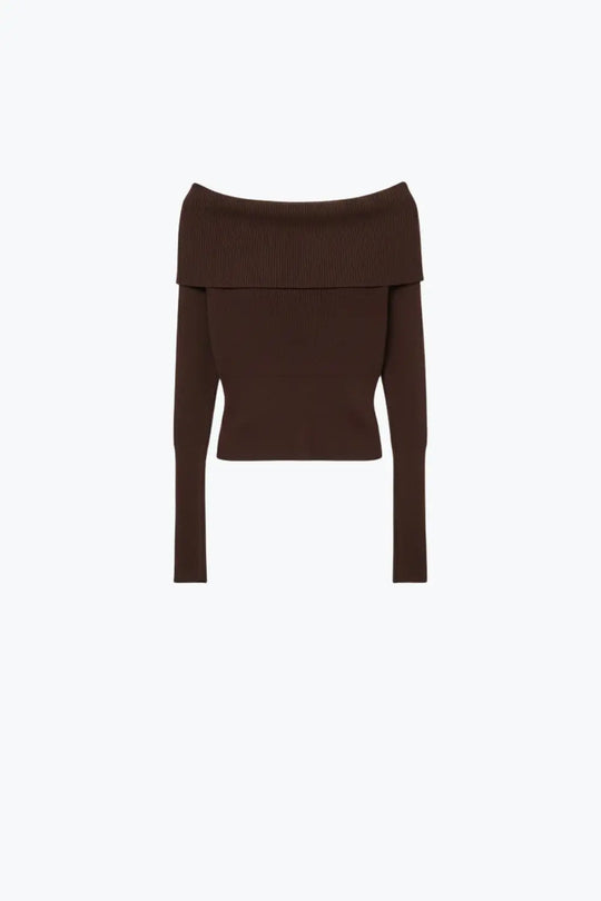 brown fine ribbed knit sweater with wide boat neck - BROWN / ONE - Sweaters