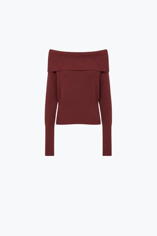 burgundy fine ribbed knit sweater with wide boat neck - RED / ONE - Sweaters