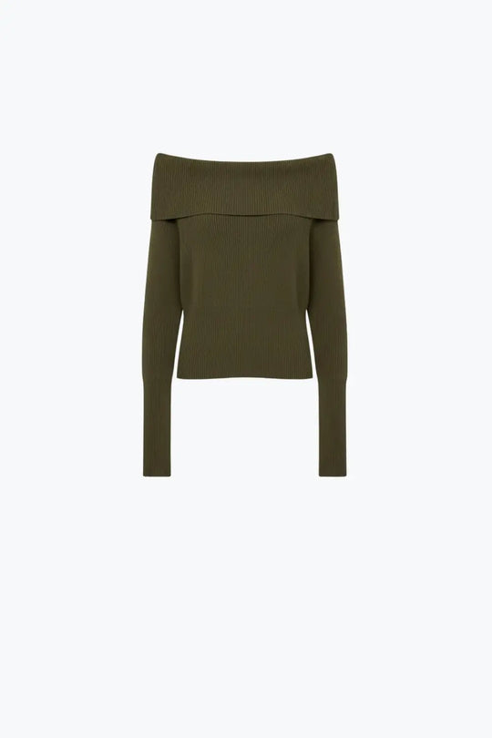khaki fine ribbed knit sweater with wide boat neck - KHAKI / ONE - Sweaters