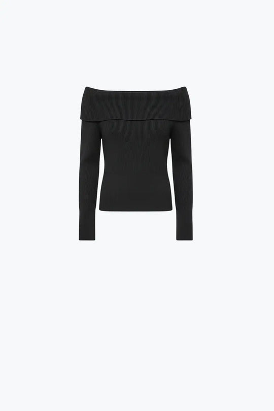 black fine ribbed knit sweater with wide boat neck - BLACK / ONE - Sweaters