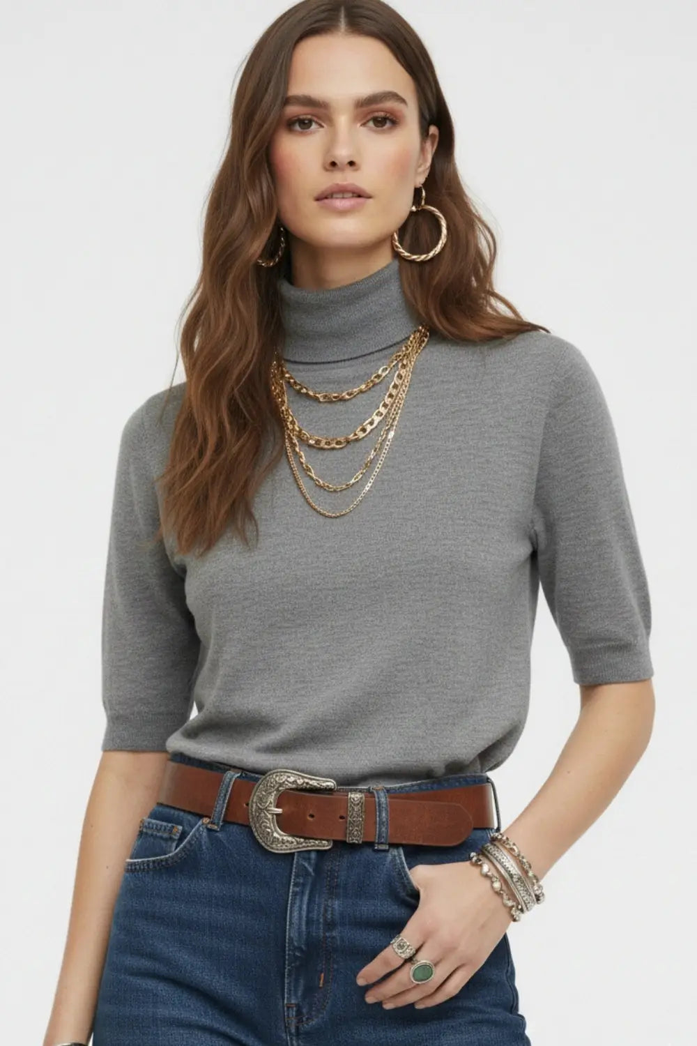 Fine knit sweater in grey with a high neck and elbow-length sleeves - GRAY / ONE - Sweaters