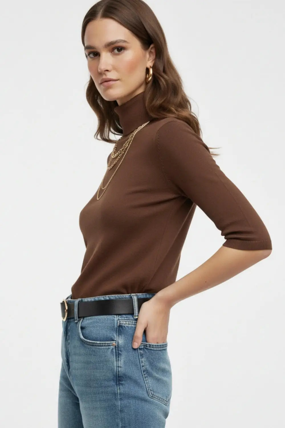 Fine knit sweater in brown with a high neck and elbow-length sleeves - BROWN / ONE - Sweaters