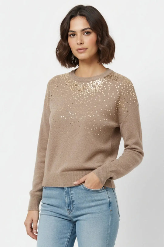 Beige soft knit sweater embellished with sequins on the front - BEIGE / ONE - Sweaters